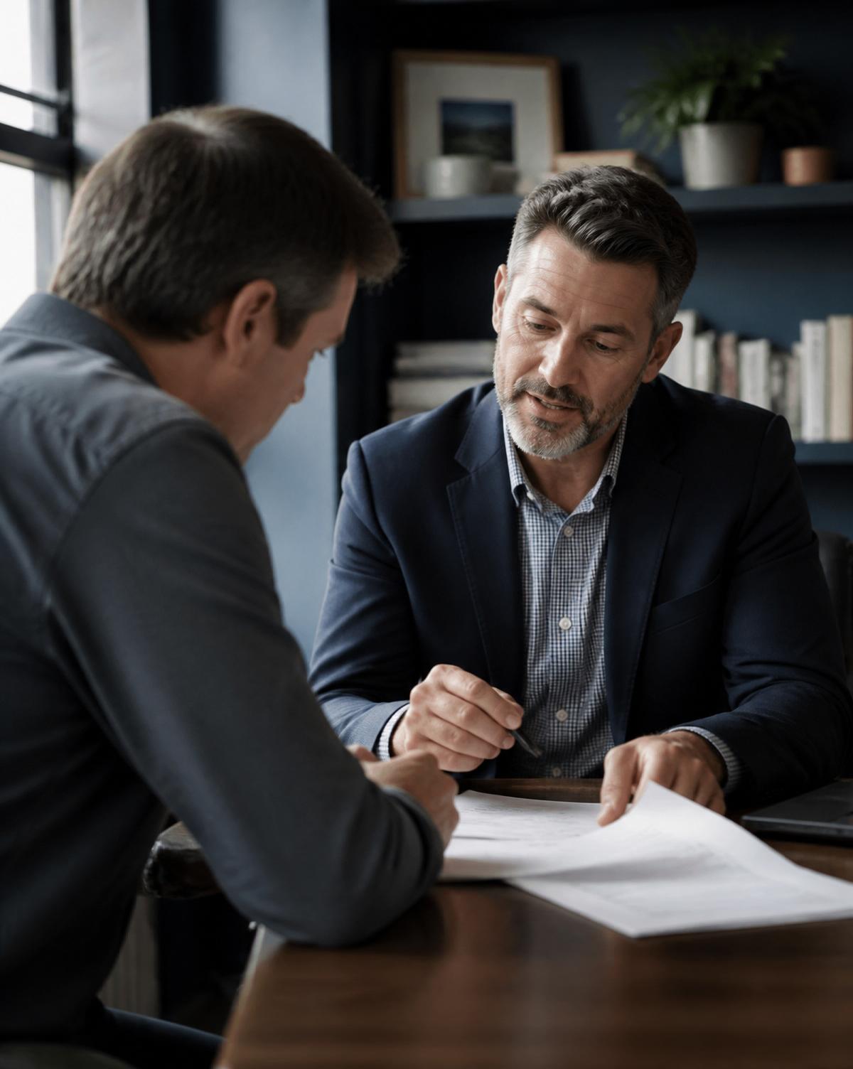 A broker reviewing deal documents with a business owner